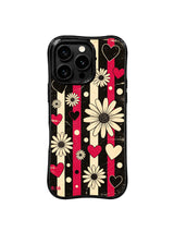 PhoneCasing iPhone 16 pro Case with authentic worn scratch faded vertical stripe grunge grain and rough block-print daisy outlines, exclusive Ruby Daze Black Cherry Daisy Beat floral artwork, scratch resistant phone protection.
