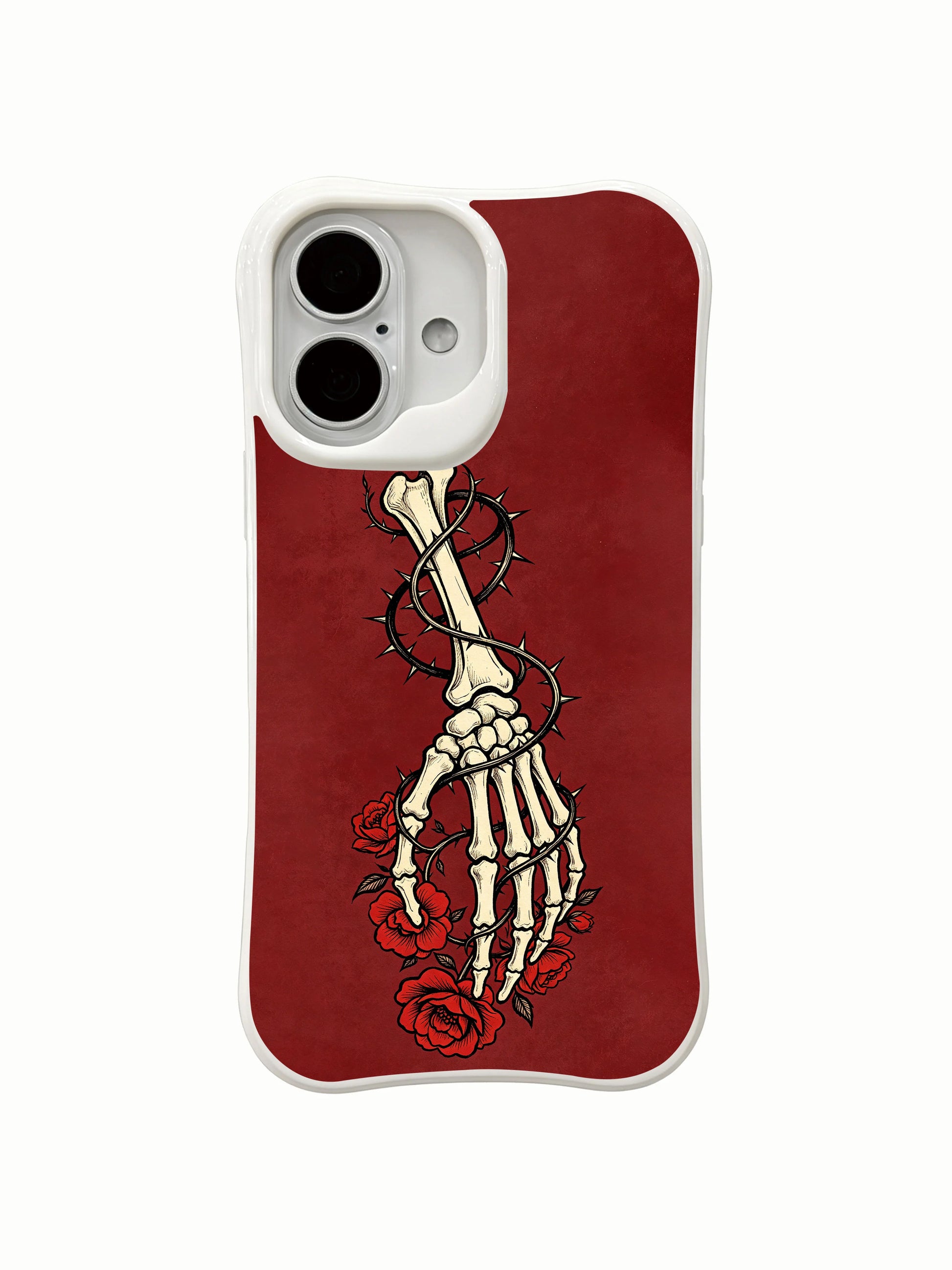PhoneCasing wounds-become-bloom skeleton thorn flower iPhone 16 Case, goth wearable art themed on overcoming hardship into beauty, MagSafe snap-fit scratch resistant everyday iPhone 16 casing