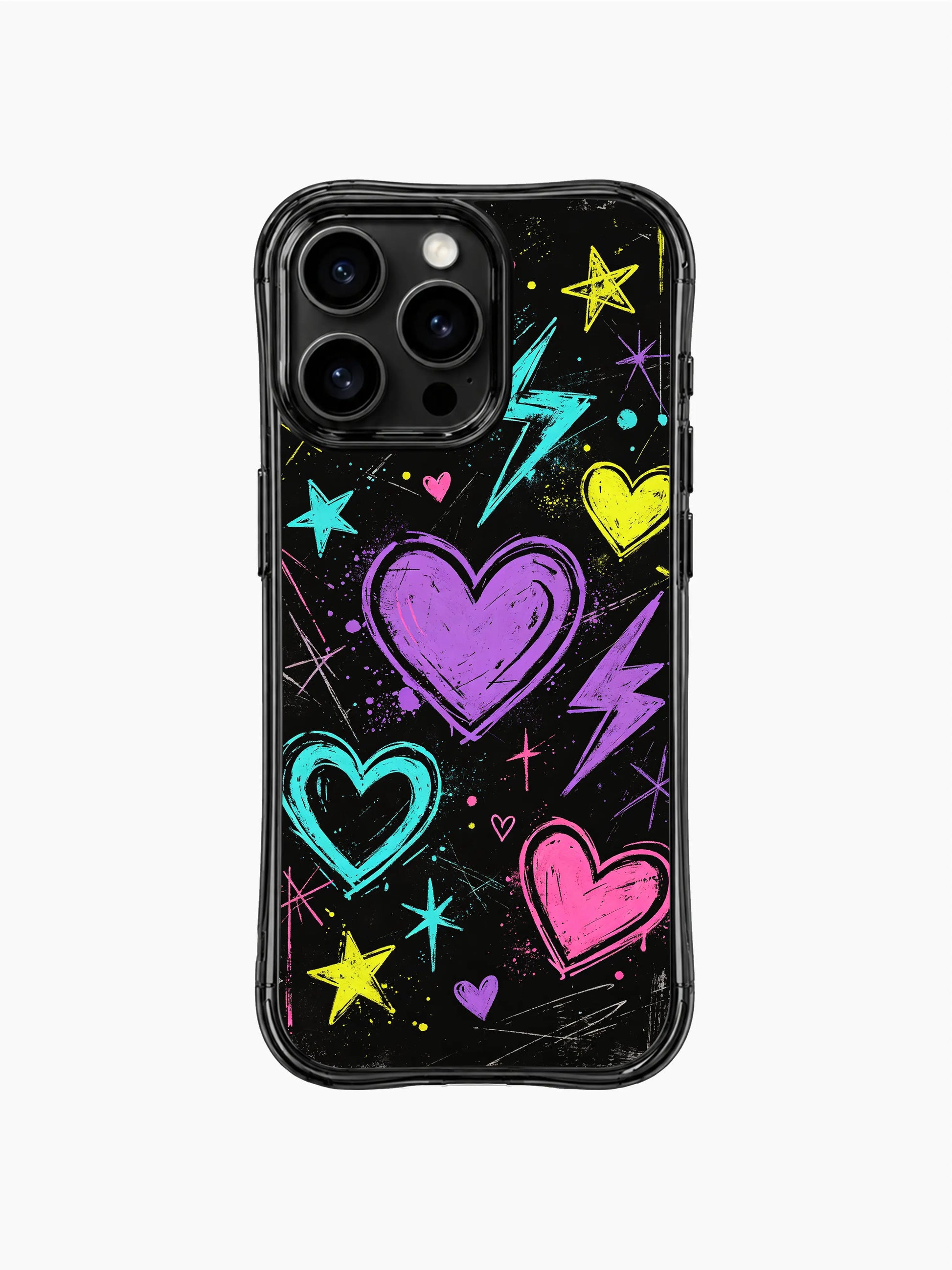 Vibrant PhoneCasing iPhone 13 Pro Max casing for teen girls, chaotic rebel heart graffiti print, multi neon thunder & star doodles, retro 90s street aesthetic