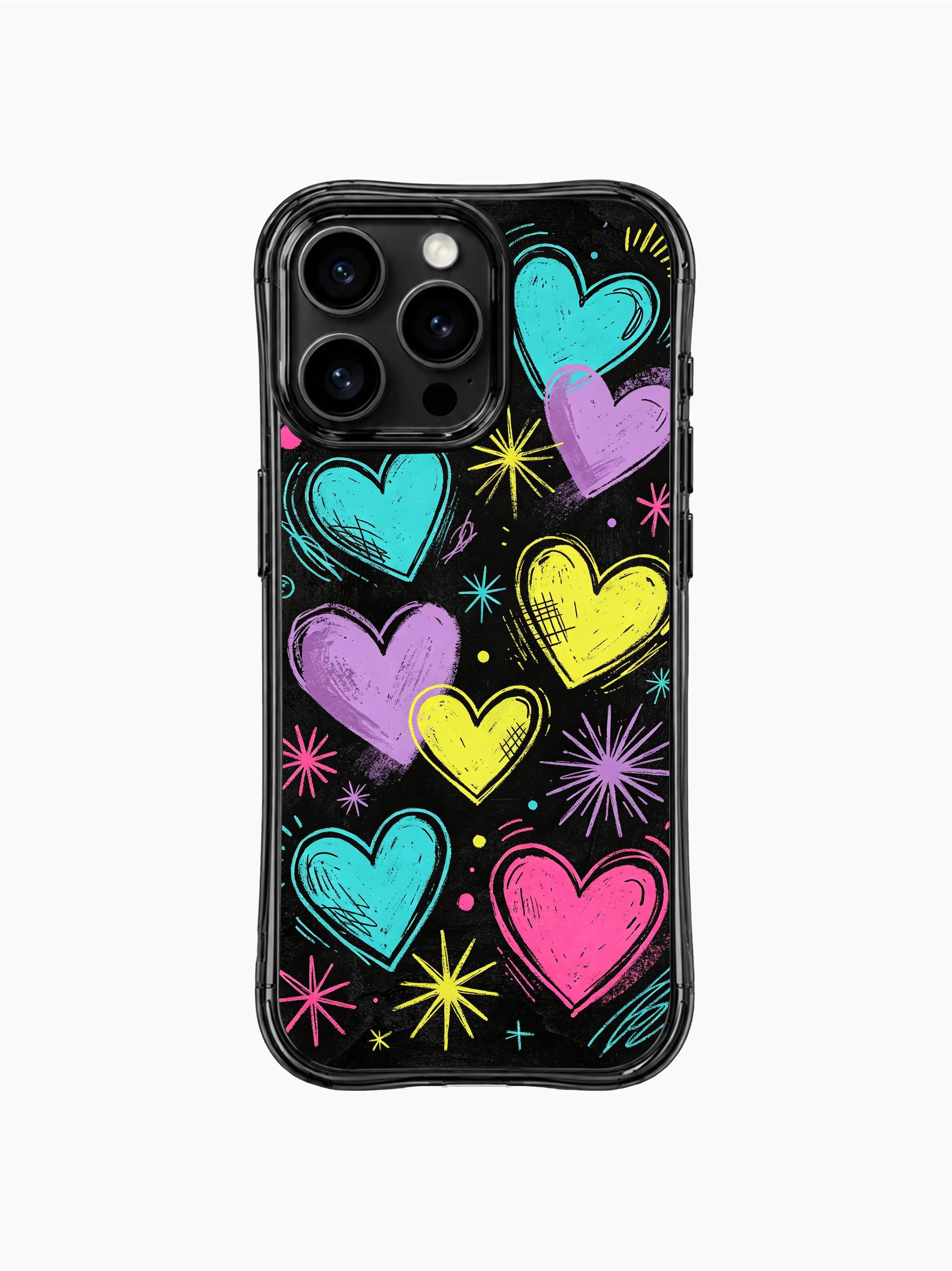 Dark grunge black base PhoneCasing iPhone 13 Pro Max casing with messy sketch heart pattern, neon pastel outlines, chaotic scribble loops and pink spray noise splatters for expressive young girls