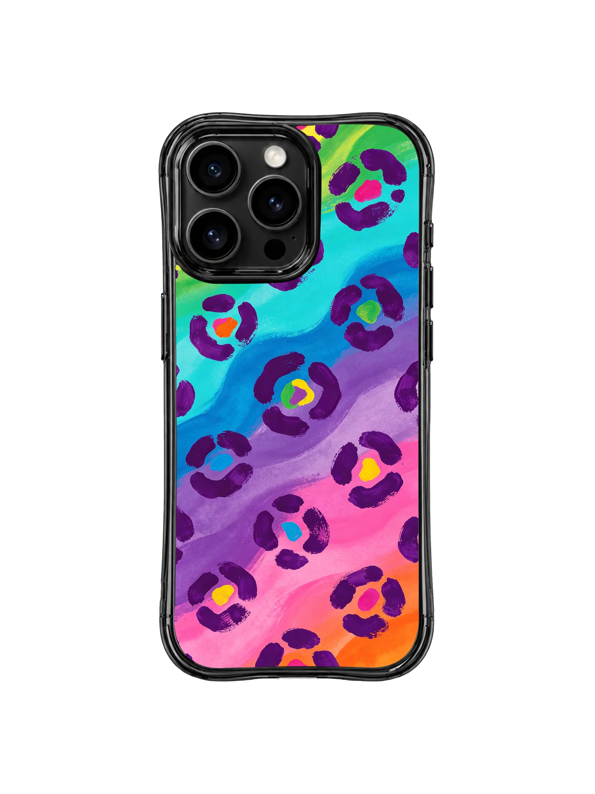 Y2K coquette style rainbow leopard iPhone 14 Pro Case from PhoneCasing, whimsical hand-drawn purple rosettes on neon gradient, sweet yet bold fashion accessory