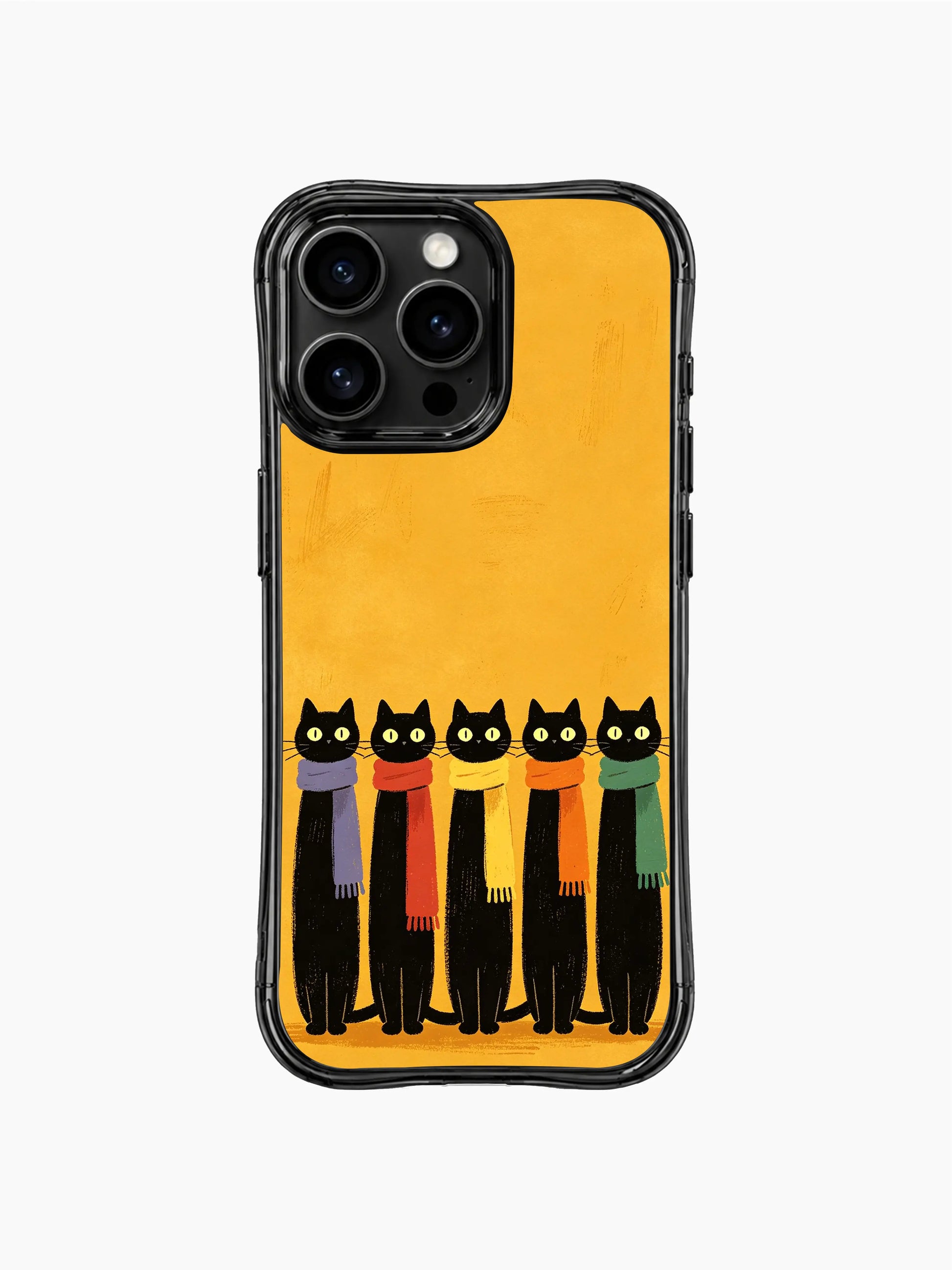 PhoneCasing iPhone 16 Pro Max featuring Yellow Sky Scarf Cats by Mimi Colorfield, warm and cozy black cats with colorful winter accessories.