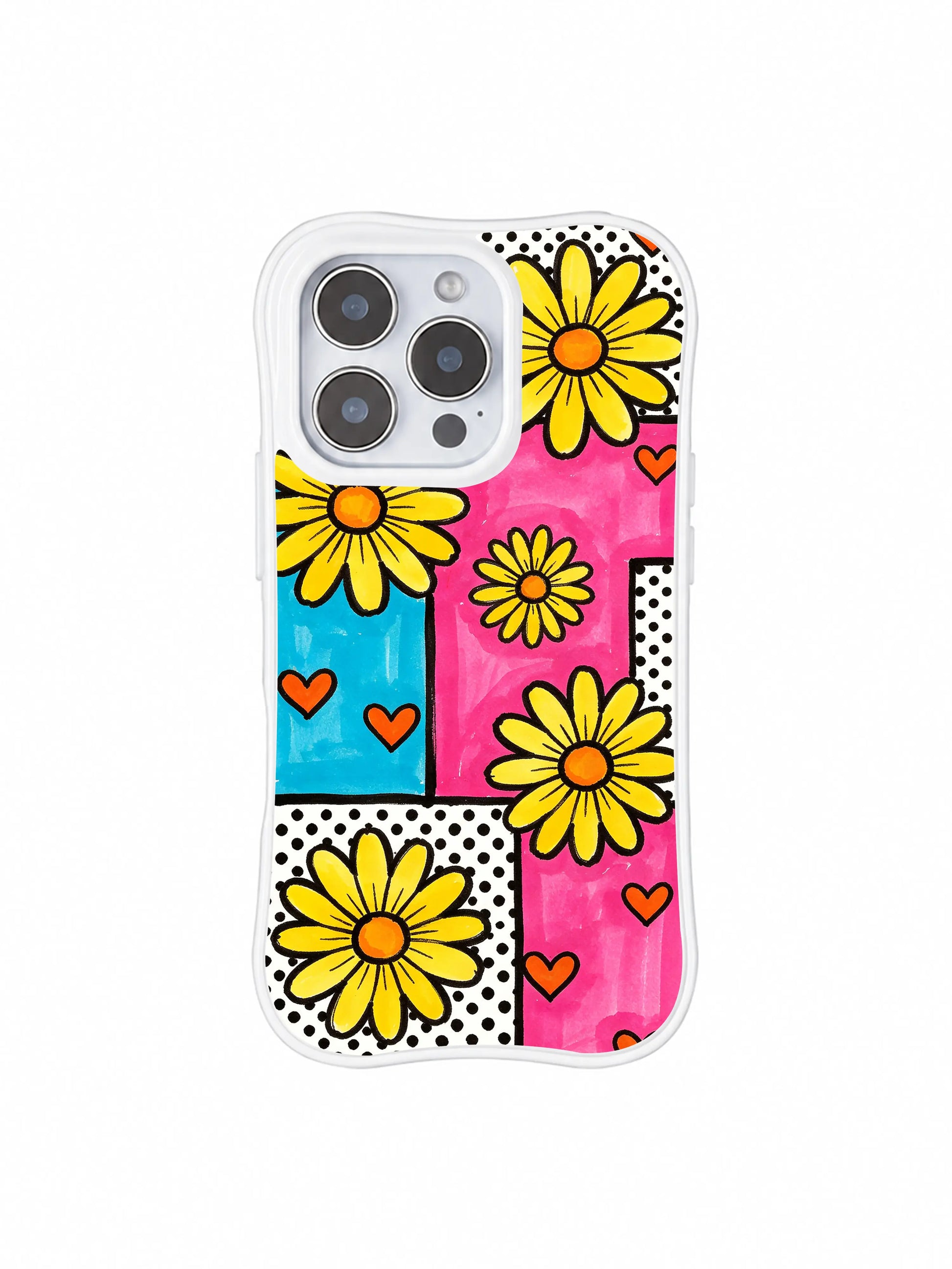 PhoneCasing iPhone 16 pro Case with full-bleed joyful patchwork grid daisy layout full of sweet nostalgic charm, Ruby Daze Lemon Pop Daisy Grid signature collection, MagSafe wavy white protective art casing.