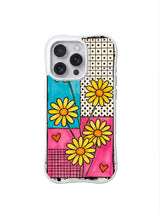 PhoneCasing iPhone 16 pro Case with full-bleed joyful patchwork grid daisy layout full of sweet nostalgic charm, Ruby Daze Lemon Pop Daisy Grid signature collection, MagSafe wavy white protective art casing.