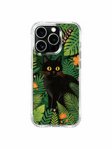 Zen calm jungle PhoneCasing iPhone 13 pro Case, scratch-proof phone casing embodying quiet confidence with stationary golden-eyed cat amid lush relaxed tropical greenery, peaceful aesthetic iPhone cover.