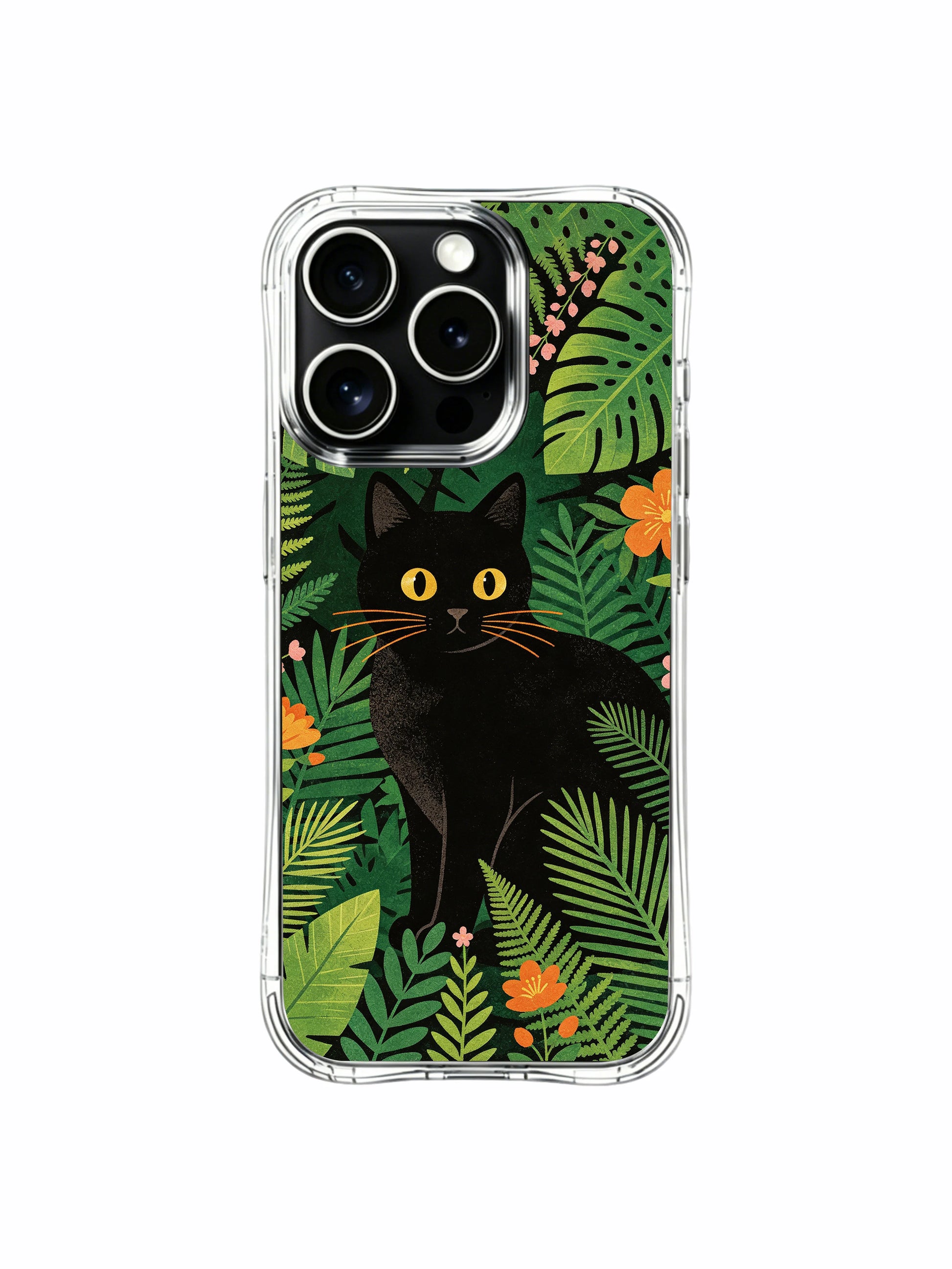 Zen calm jungle PhoneCasing iPhone 13 pro Case, scratch-proof phone casing embodying quiet confidence with stationary golden-eyed cat amid lush relaxed tropical greenery, peaceful aesthetic iPhone cover.