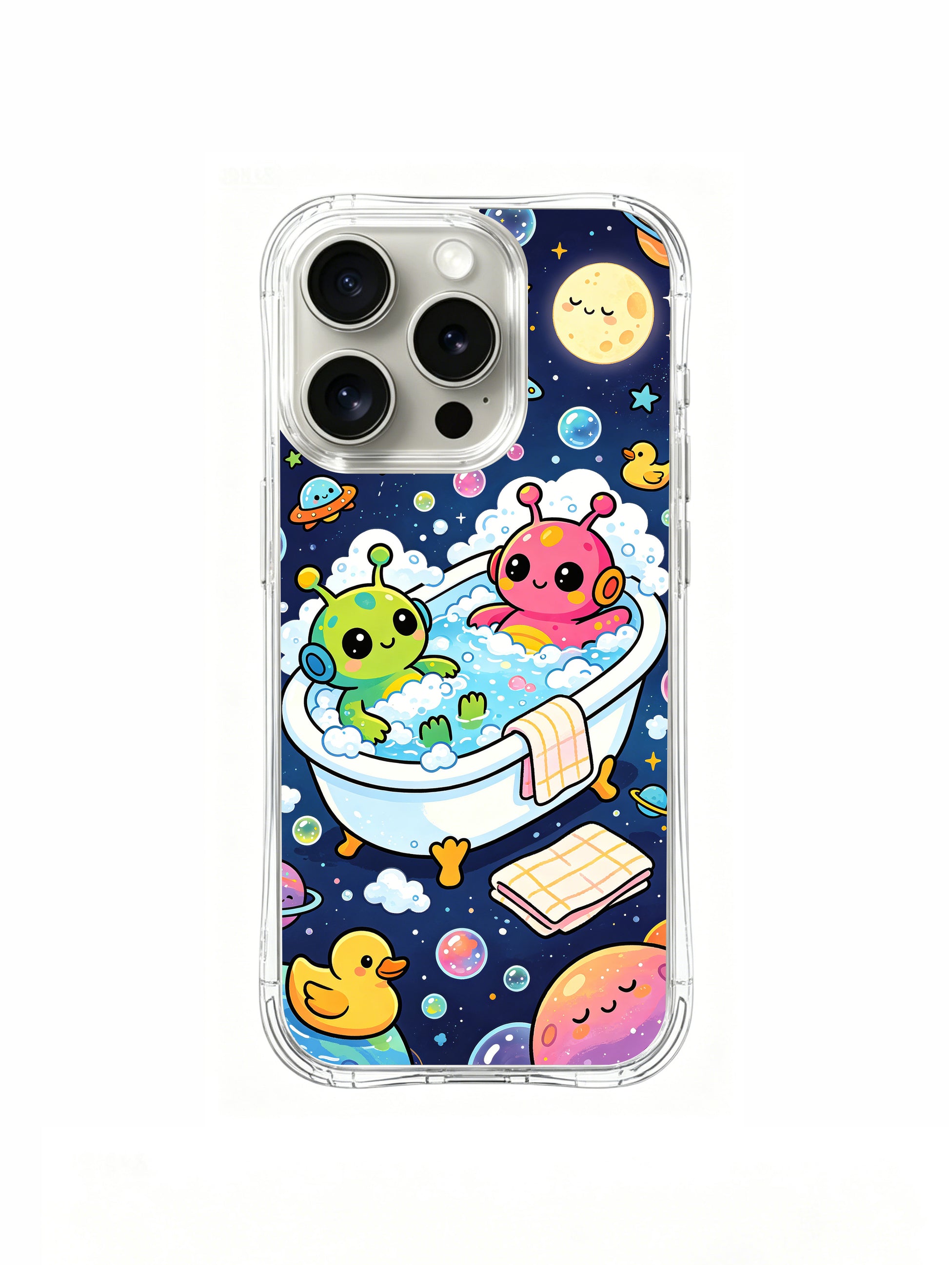 PhoneCasing iPhone 16 Pro Case featuring Milo Yun’s whimsical Galaxy Bubble Bath illustration, premium artist-collaborated art casing for women.