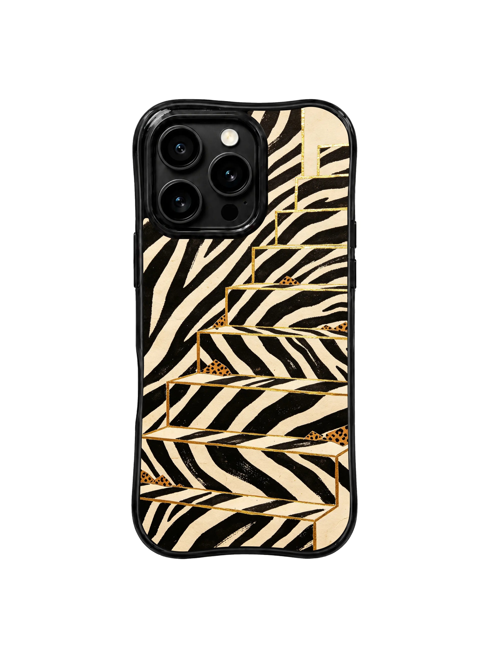 PhoneCasing iPhone 15 pro max back cover made in California, zebra gold foil staircase geometric artist print, premium domestic made phone case.