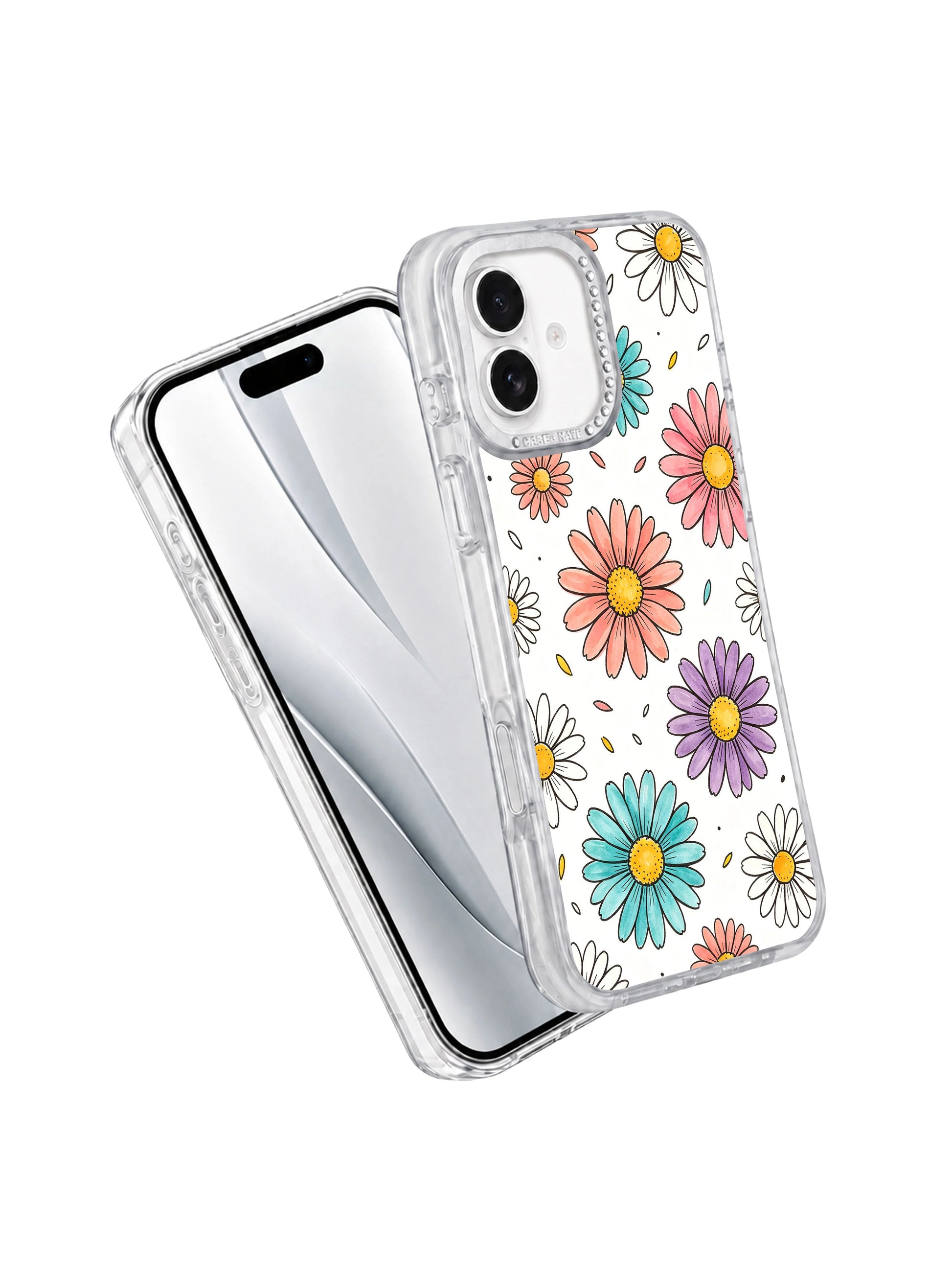 Drop impact protection demo shot Color Daisy Rain iPhone 17 casing, flexible transparent anti-break hourglass bumper PhoneCasing shell fully shielding iPhone 17 from falls and scratches.