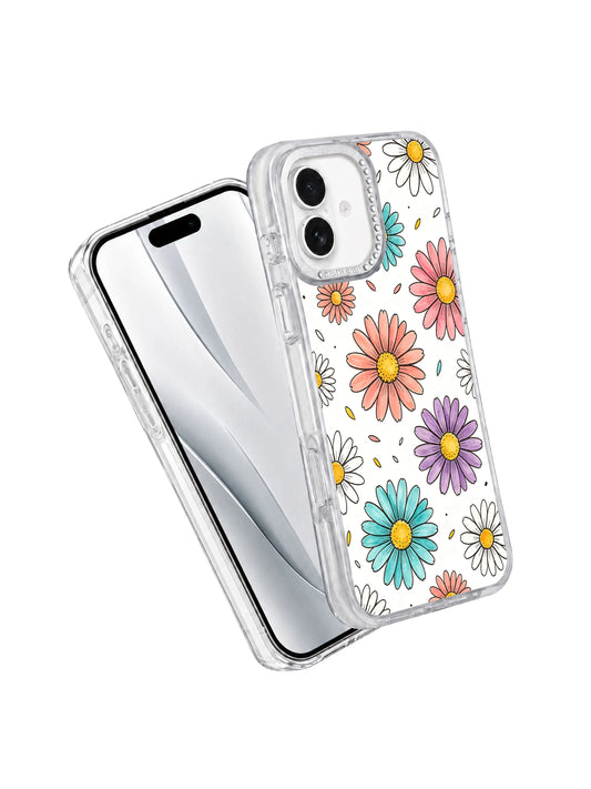 Drop impact protection demo shot Color Daisy Rain iPhone 17 casing, flexible transparent anti-break hourglass bumper PhoneCasing shell fully shielding iPhone 17 from falls and scratches.