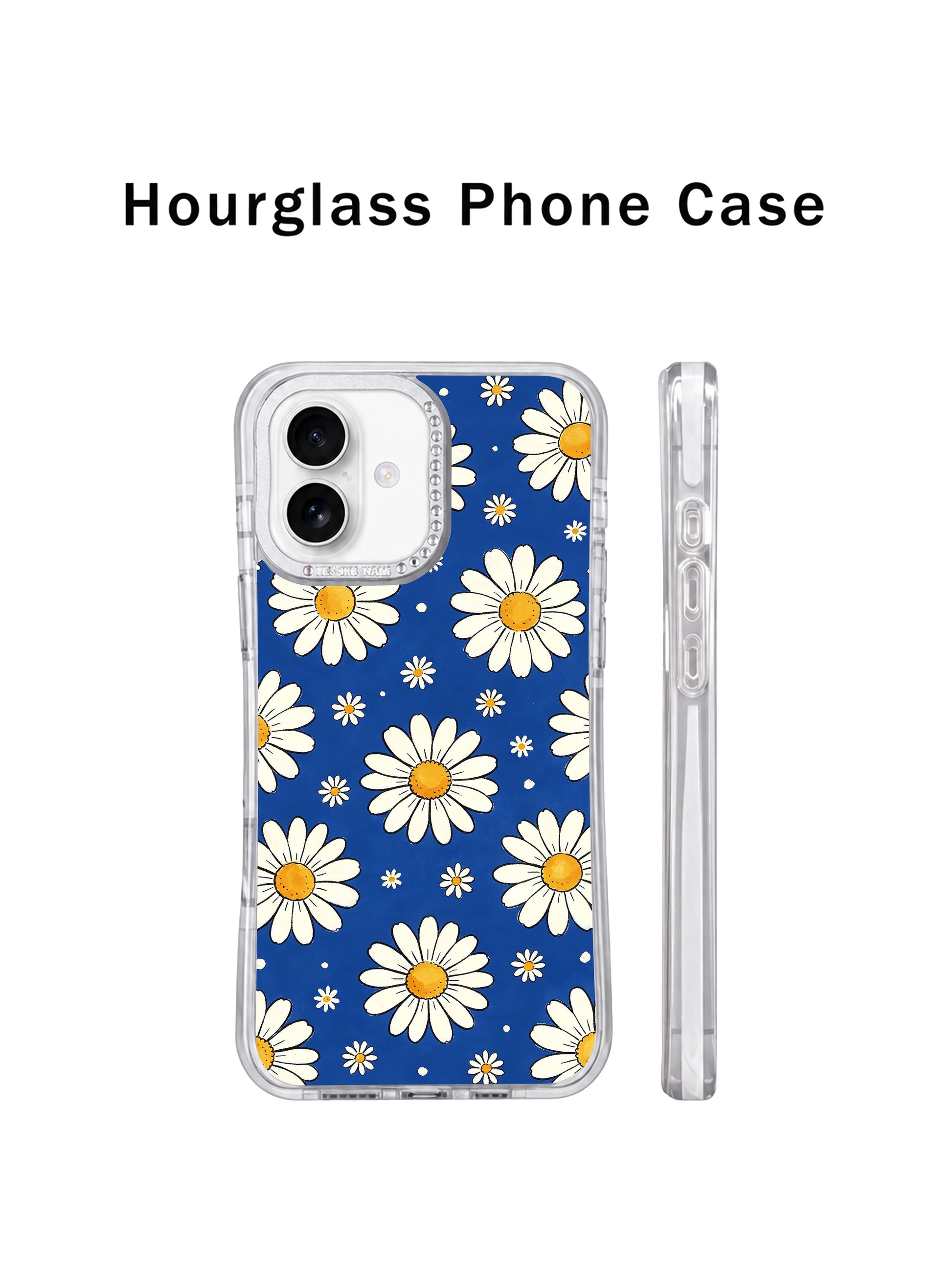 Dual angle spec comparison crystal rhinestone camera rim Blue Big Small Daisy Rhythm iPhone 17 casing, elevated lens guard secure slim PhoneCasing cover built for iPhone 17.