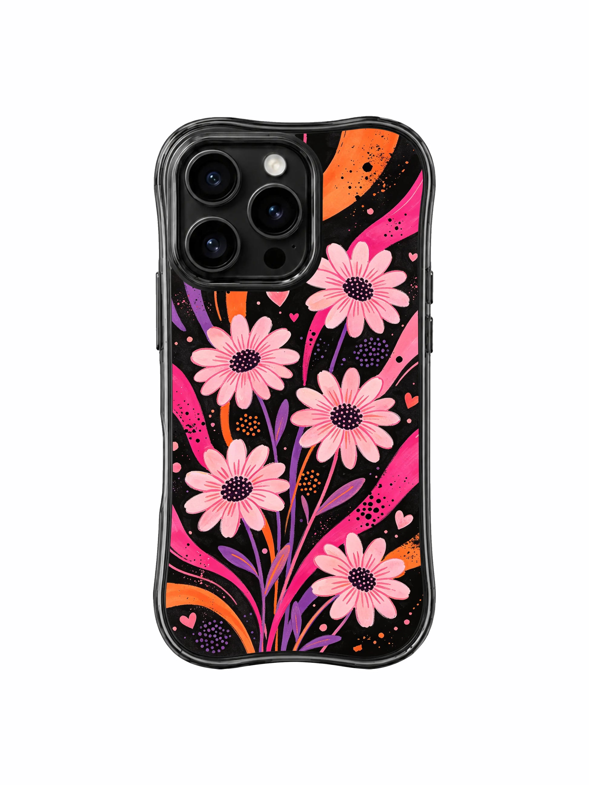 PhoneCasing iPhone 16 pro Case with quiet gentle yet unshakable hopeful vibe soft blush daisies blooming across textured vintage grunge black fluid ribbon backdrop, Ruby Daze original moody dark pastel pop art, premium print casing crafted in California.