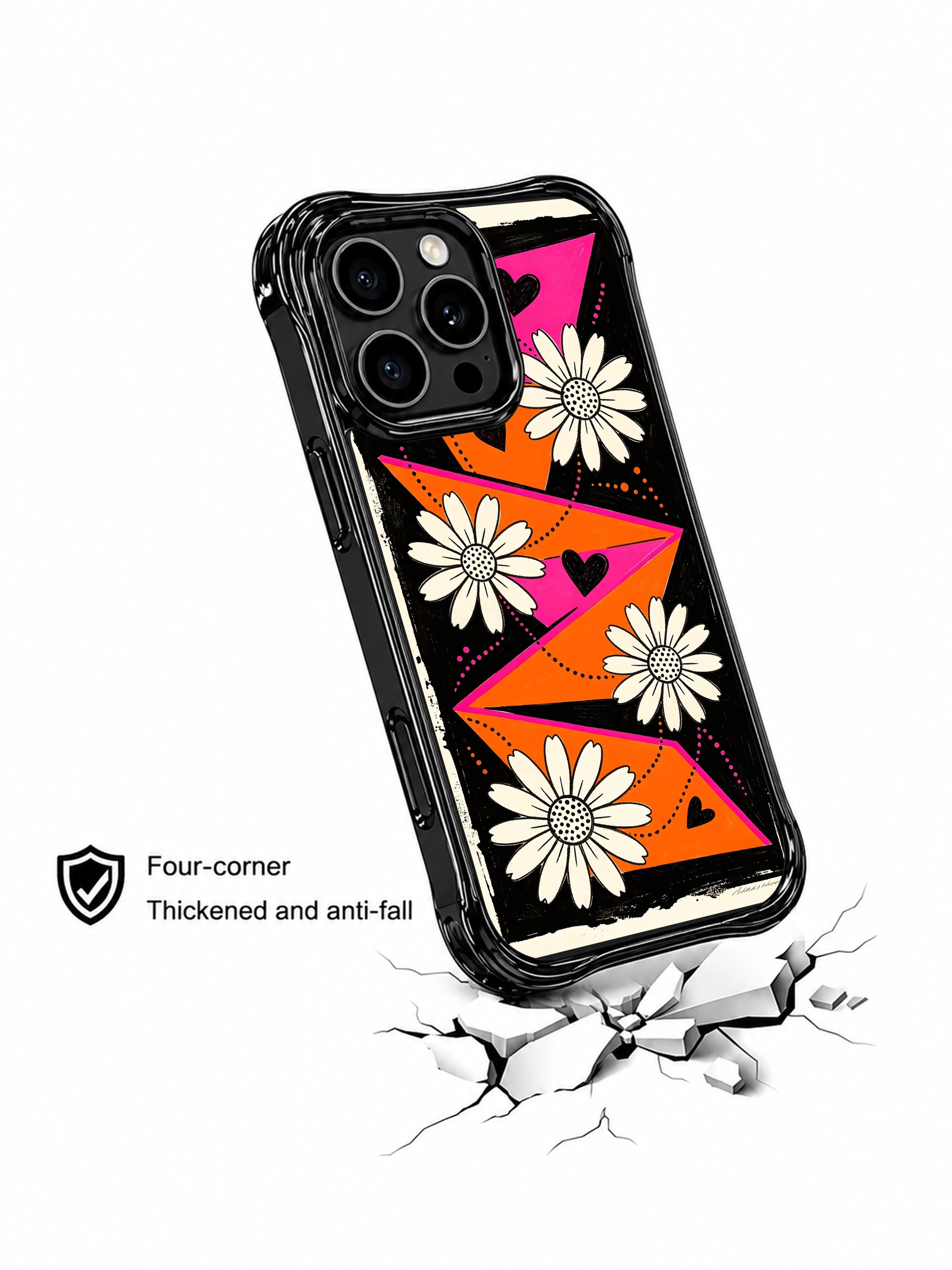 PhoneCasing iPhone 16 pro Case with nostalgic aged travel map patchwork destination daisy dotted route heart graphics, Ruby Daze wanderlust romantic pop art, California made wavy black phone cover.