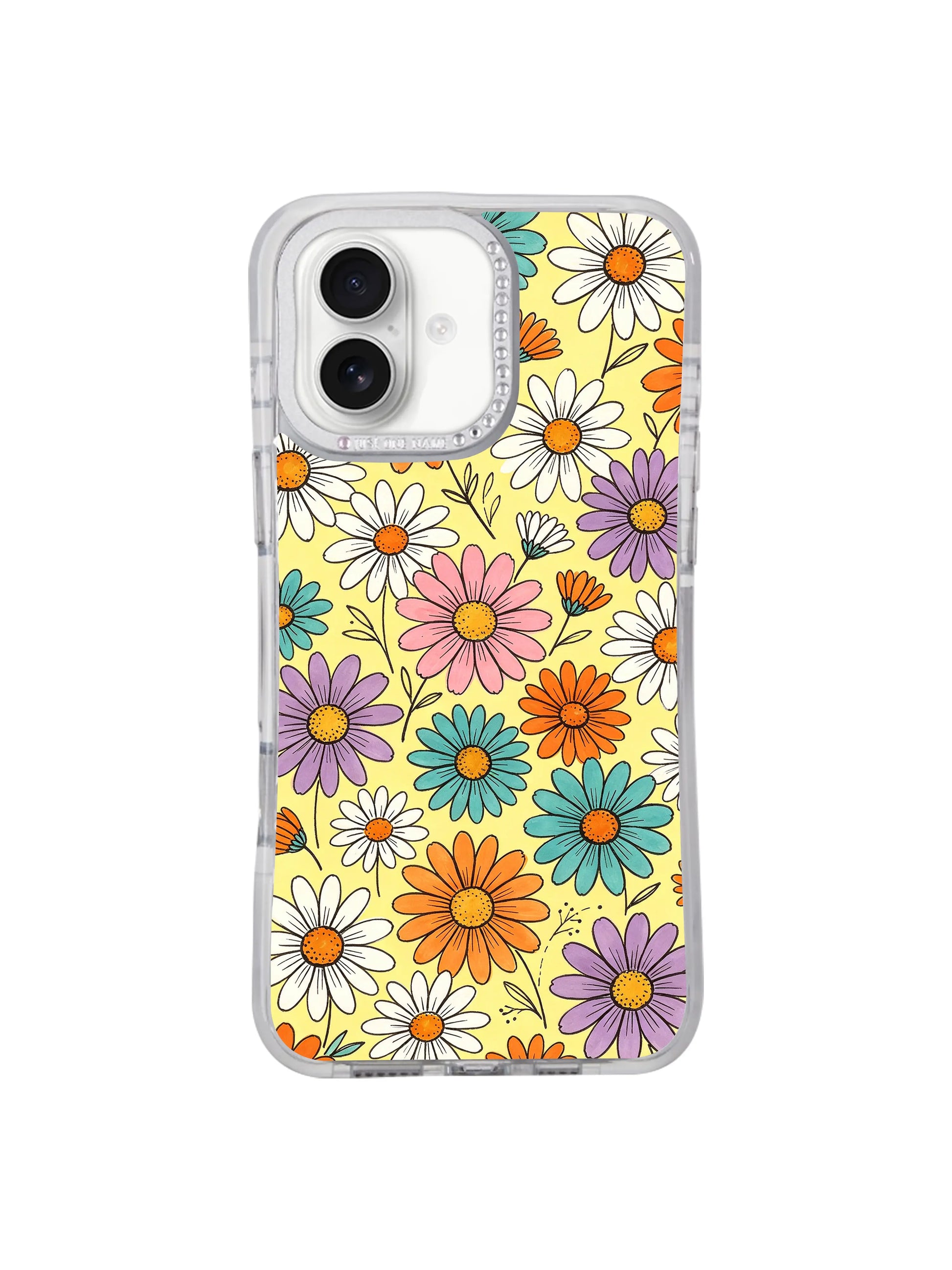 3/4 angled MagSafe compatible Buttercream Color Bloom iPhone 17 casing, fade-resistant archival watercolor ink bright multi-daisy print durable PhoneCasing protective case for iPhone 17.