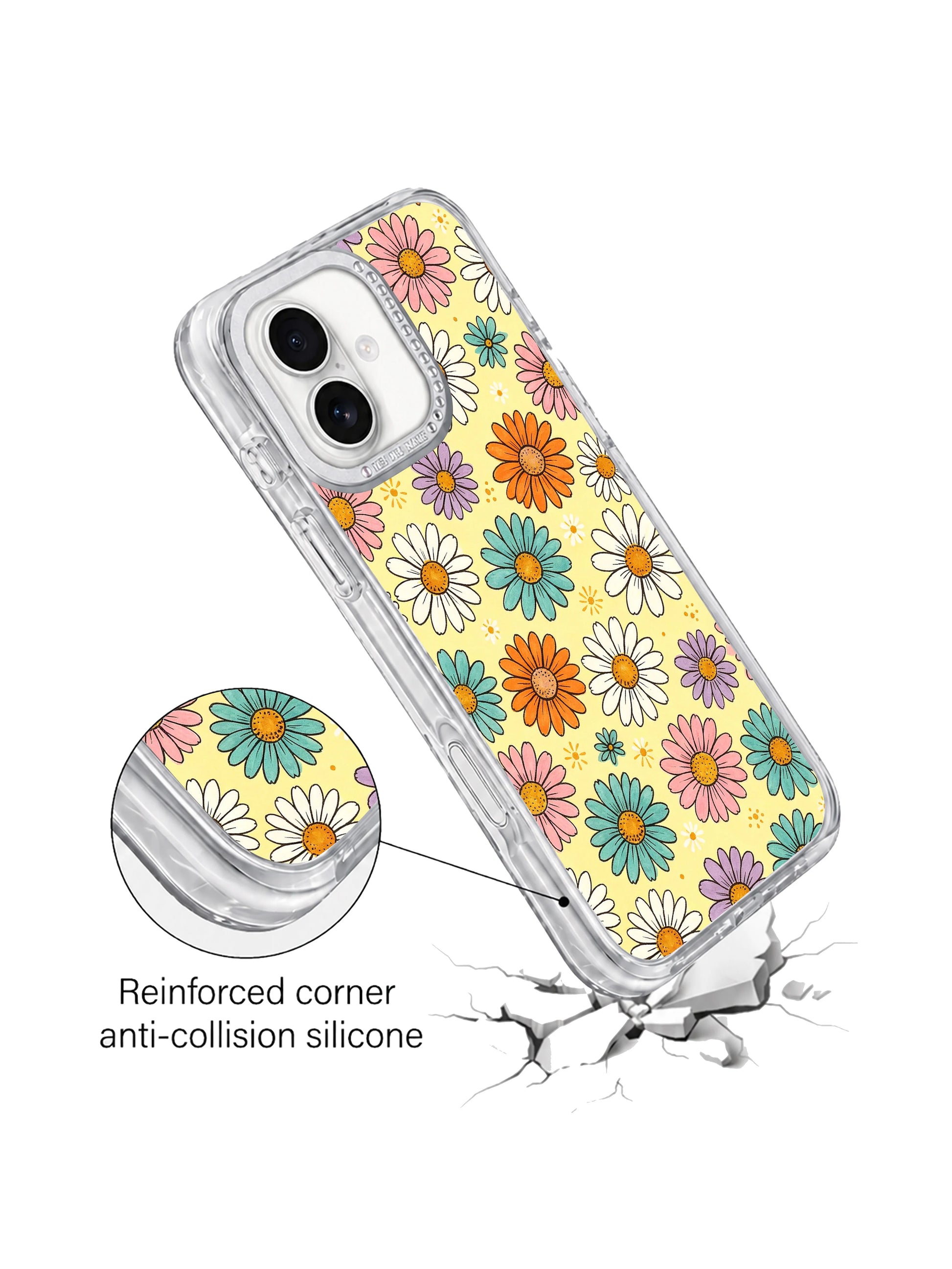Side profile slim transparent hourglass anti-drop bumper iPhone 17 casing from PhoneCasing, Buttercream Color Bloom lively multicolor daisy print thin everyday fit for iPhone 17.
