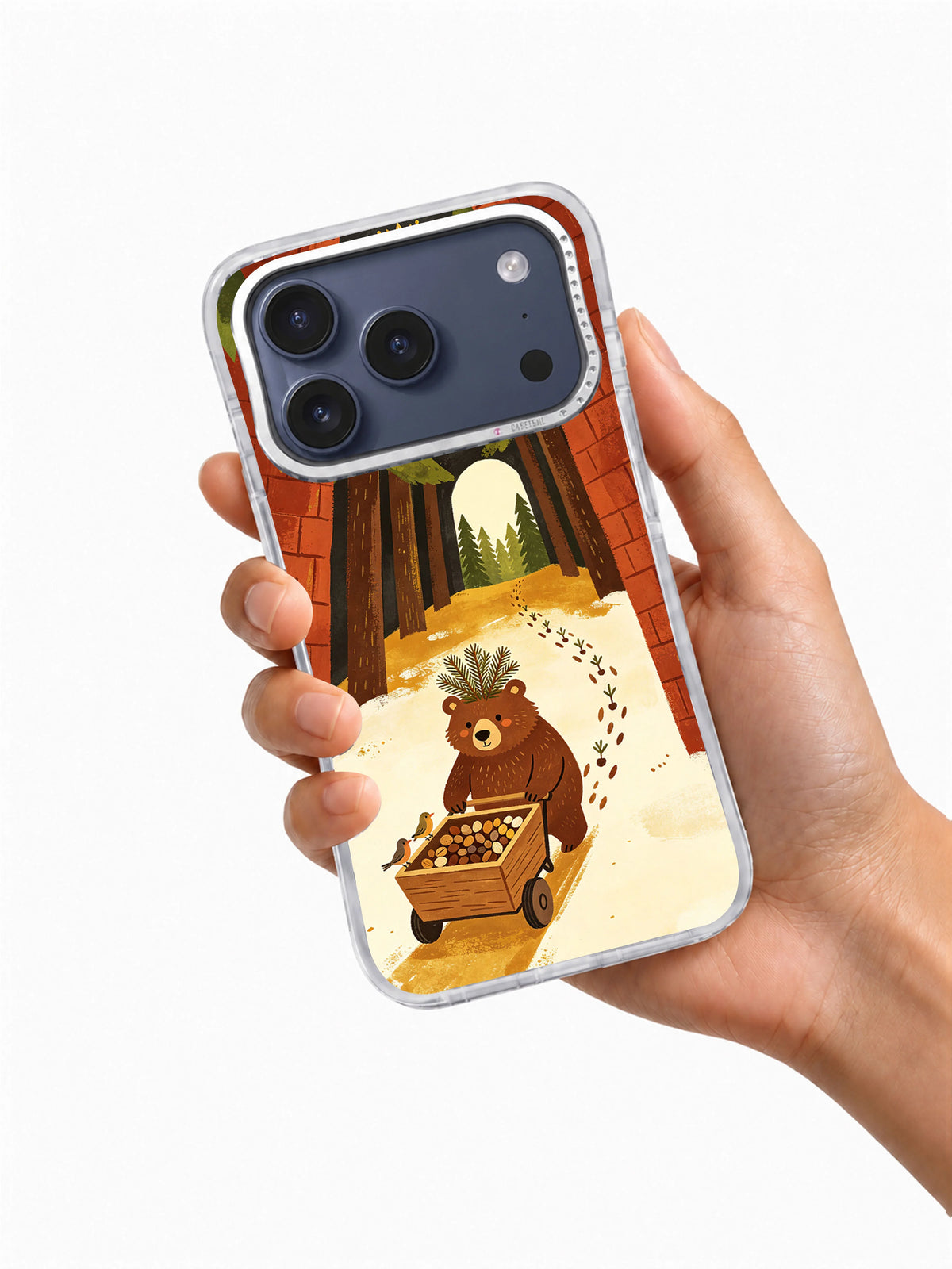 The Pine-Seed Bear iPhone 17 Pro Max Case held in hand