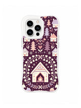 Pineframe Cabin Fire folk art iPhone 13 Pro case with geometric fir trees and a warm hearth