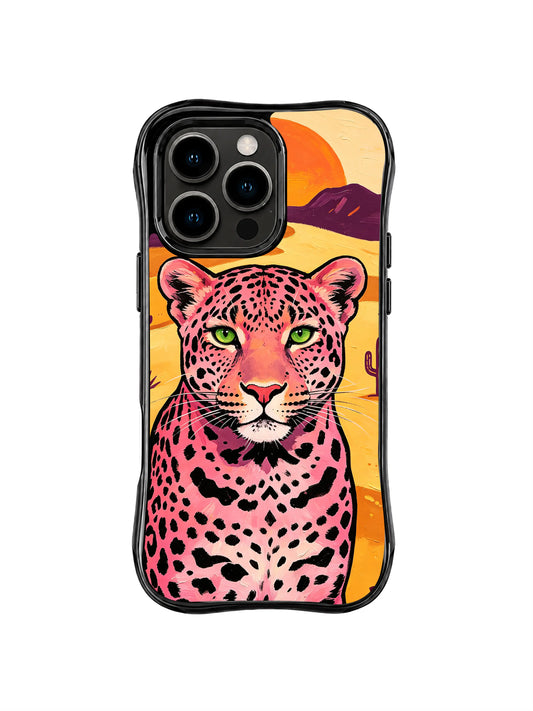 Tall pink leopard with green eyes beneath orange sun and purple desert hills on black iPhone 13 Pro Max case