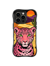 Pink leopard portrait with cactus and orange sunset landscape on iPhone 13 Pro Max case