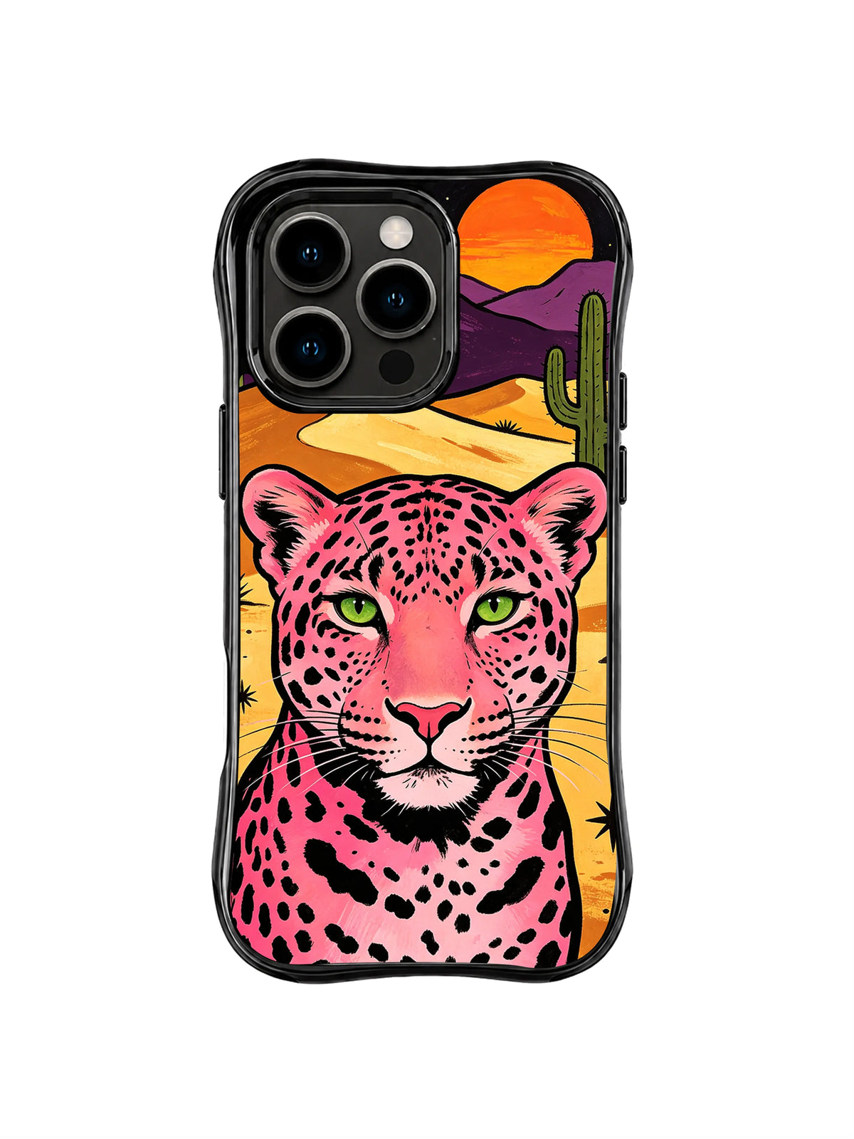 Pink leopard portrait with cactus and orange sunset landscape on iPhone 13 Pro Max case