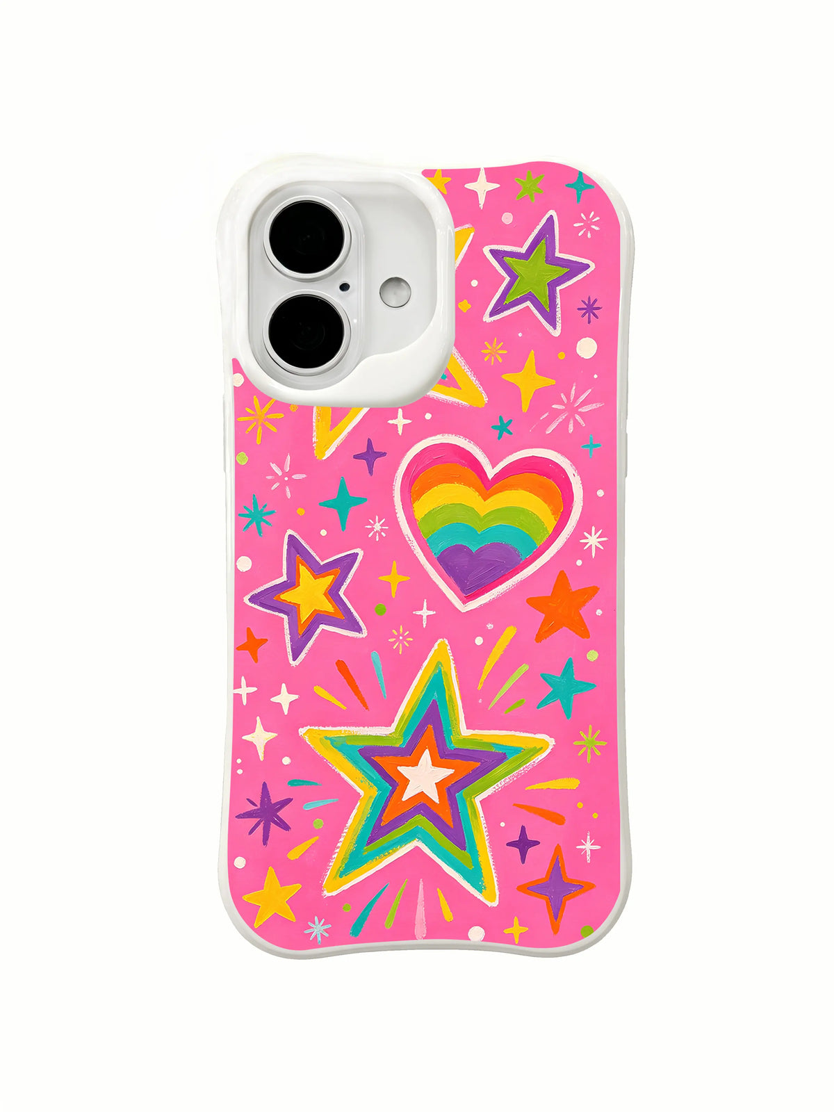 Rainbow Heart Starburst: Gökkuşağı kalbi ve katmanlı yıldız patlaması küçük yıldızlar ve ışınların arasında yer alır.