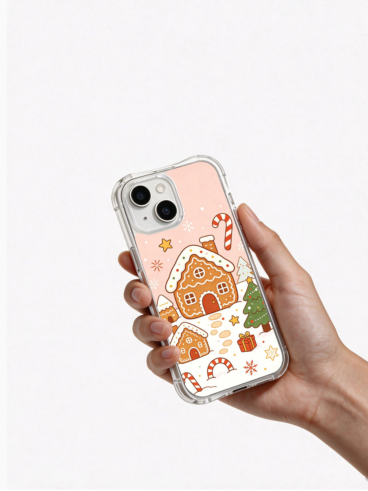 Pink gingerbread house iPhone 14 Plus case handheld view