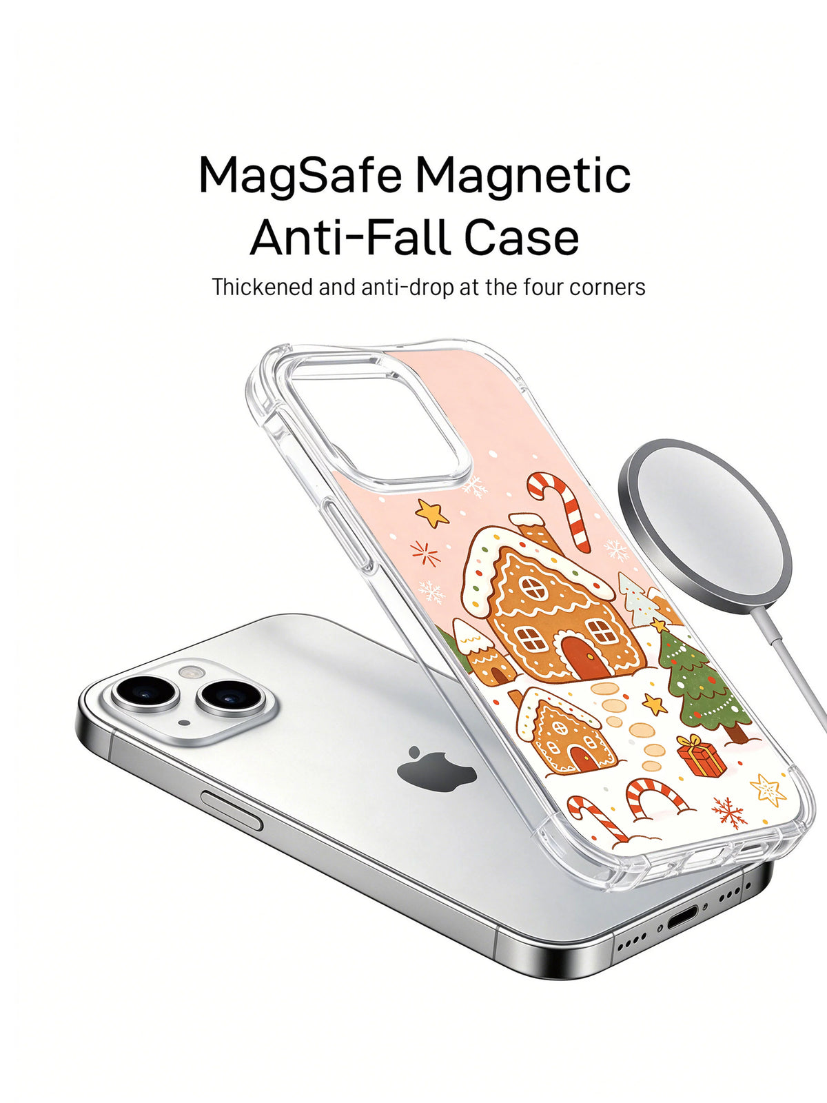 Pink gingerbread village iPhone 14 Plus case charging presentation