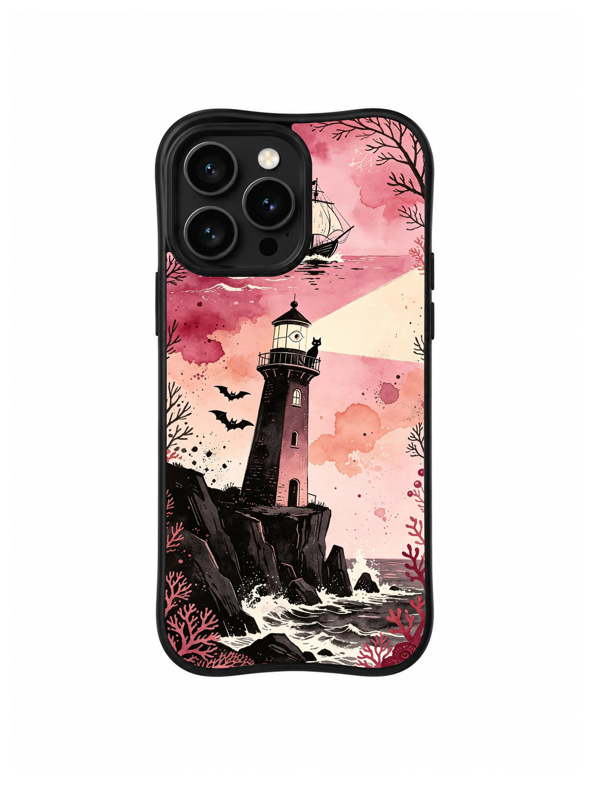 Batwing Harbor Return pink coastal artwork on an iPhone 13 Pro case