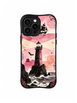 Beacon Cat Rescue pink lighthouse artwork on an iPhone 13 Pro case