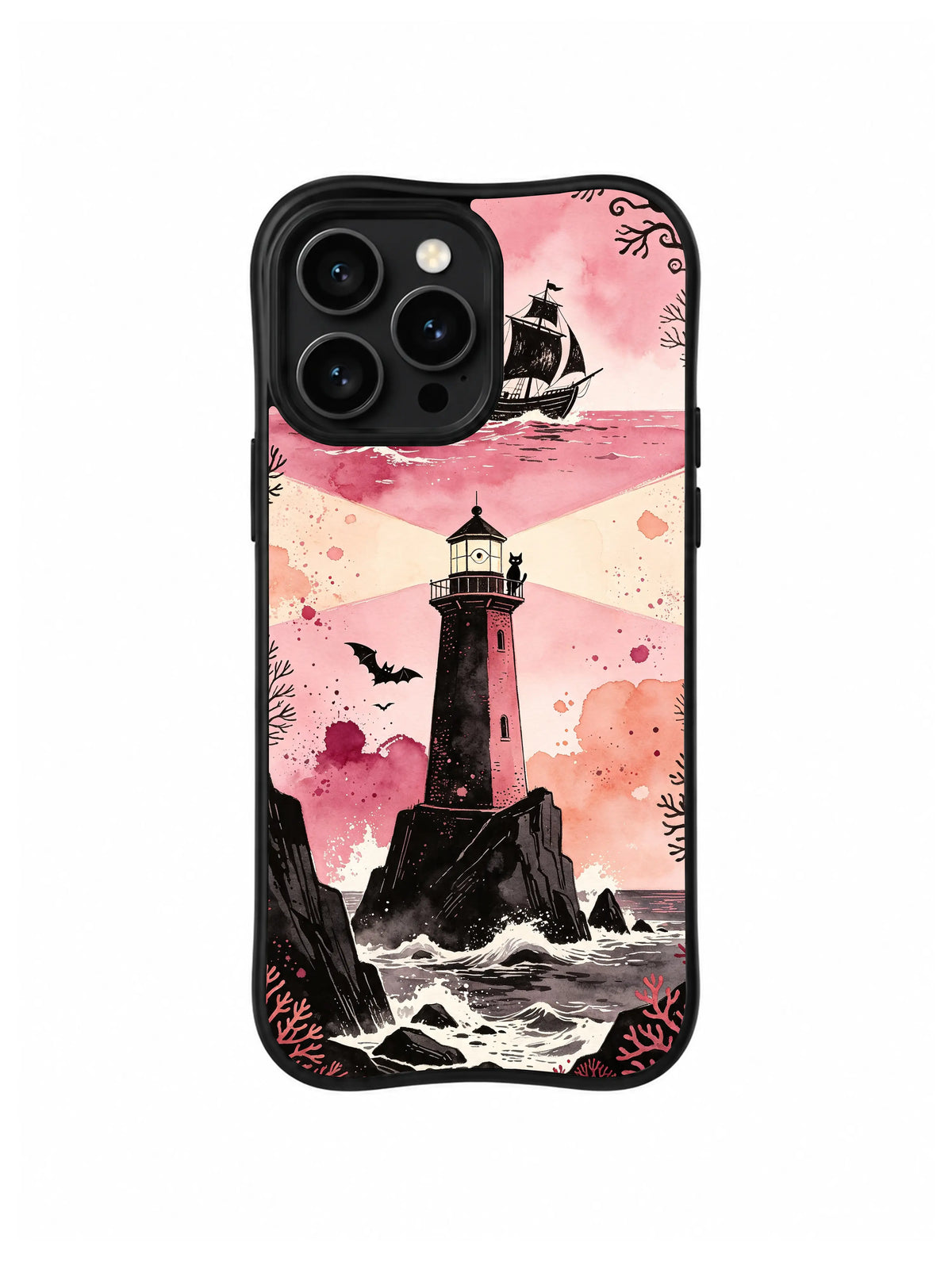Beacon Cat Rescue pink lighthouse artwork on an iPhone 13 Pro case