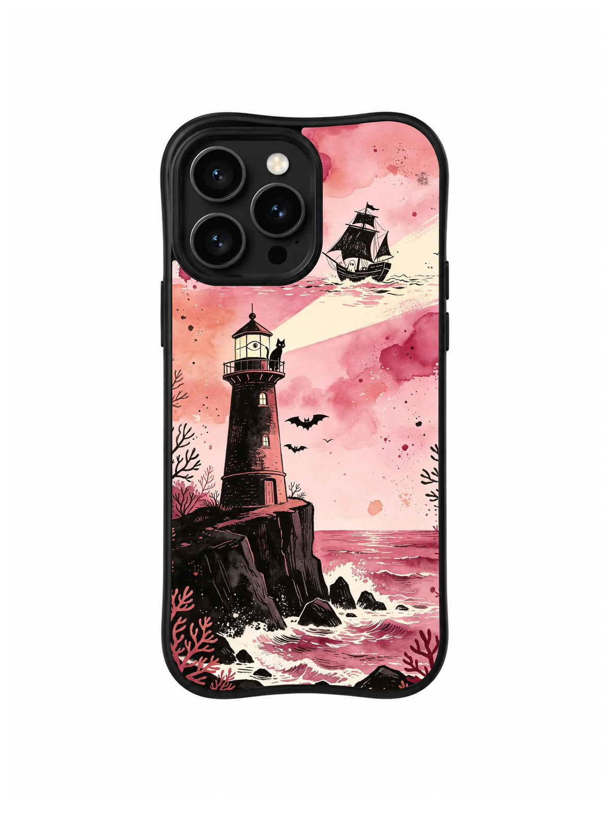 Ghost Ship Guiding Light lighthouse artwork on an iPhone 13 Pro case