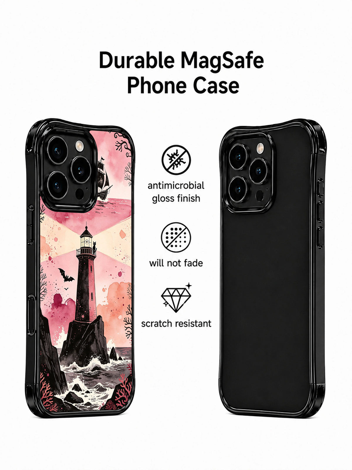 Pink lighthouse and black cat iPhone 13 Pro case artwork detail