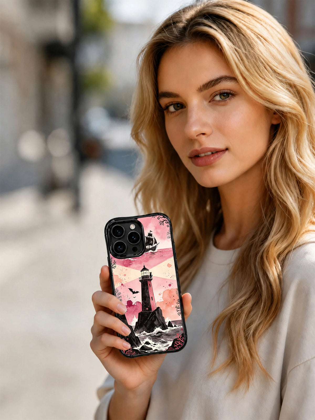 Pink Mist Night Lighthouse iPhone 13 Pro case product presentation