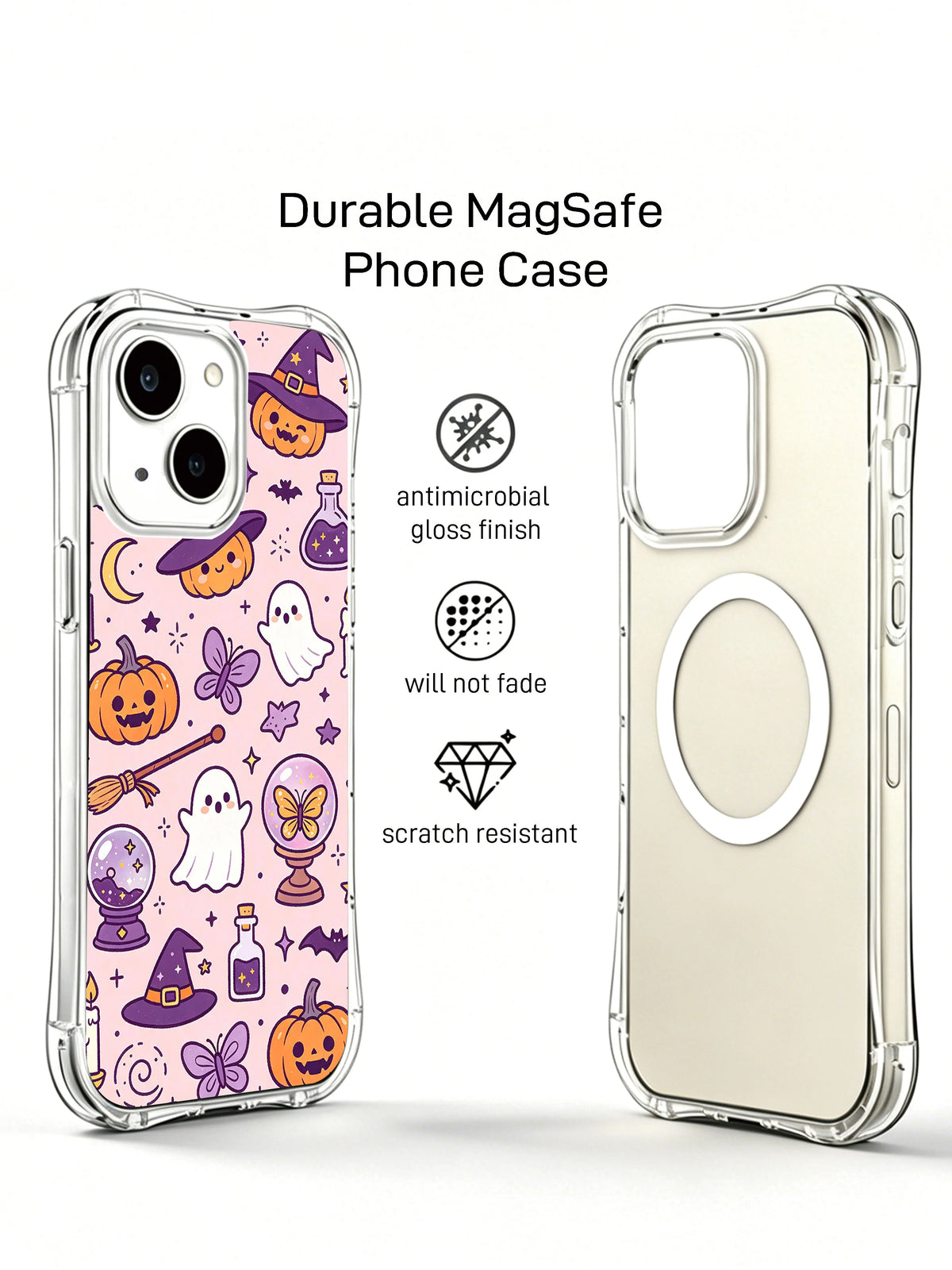 Pink celestial Halloween iPhone 14 Plus case shown from the back