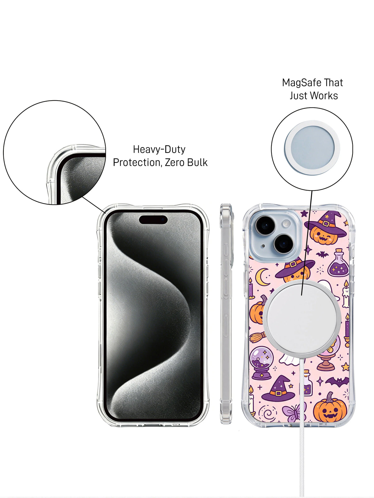 Pastel witchy iPhone 14 Plus case with moon, stars and potions
