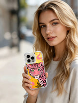 Lifestyle view of Pink Panther Wild Heart iPhone 13 Pro Max case in the checkerboard portrait pattern