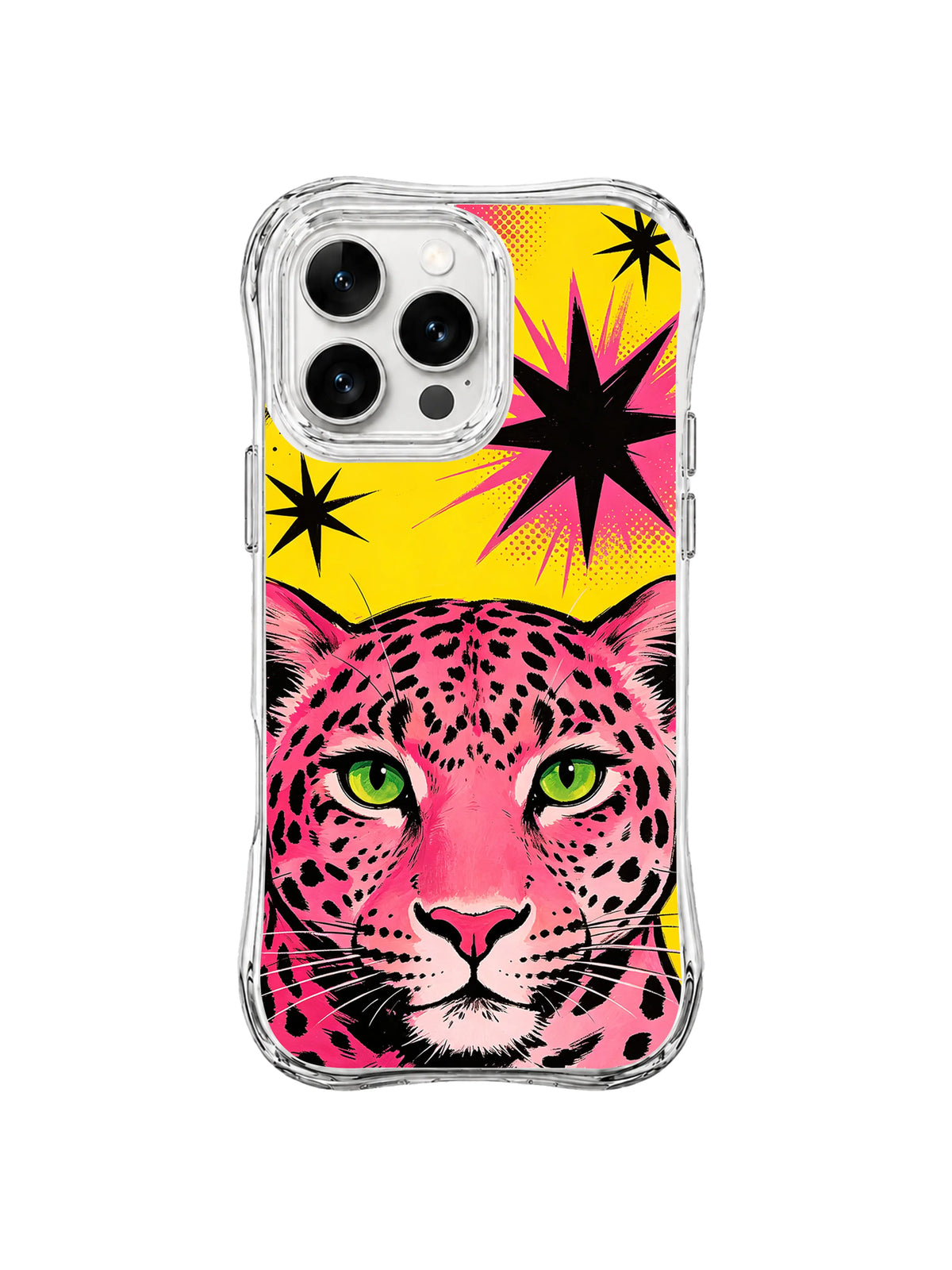 Pink leopard portrait with green eyes beneath black and magenta starbursts on iPhone 13 Pro Max case