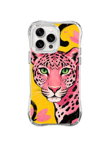 Tall pink leopard portrait with green eyes and organic pink shapes on yellow iPhone 13 Pro Max case