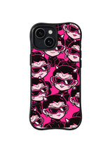 Midnight Shades Crew: Pink sunglass portraits with short dark hair repeat in rows on a black field.