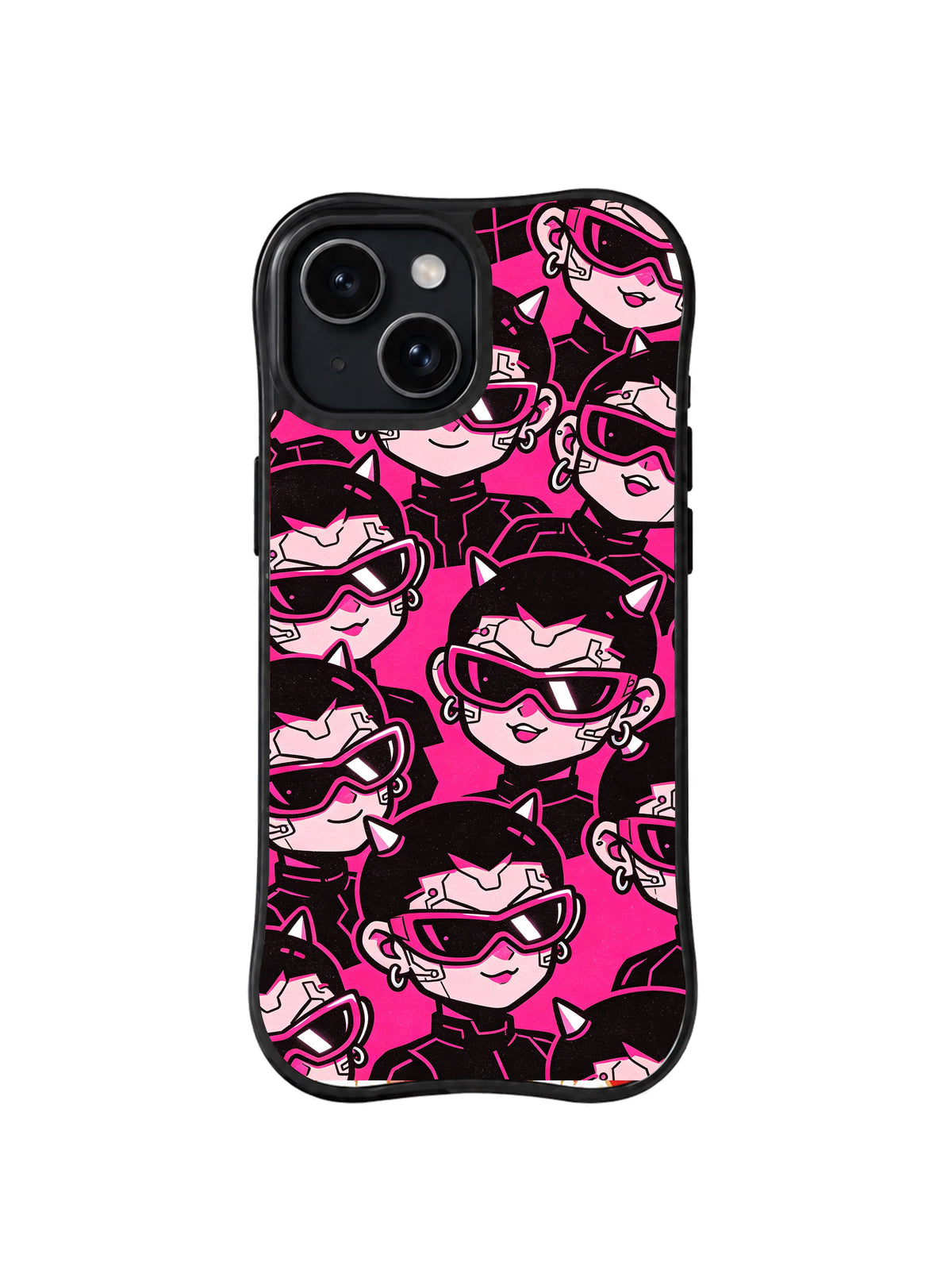 Midnight Shades Crew: Pink sunglass portraits with short dark hair repeat in rows on a black field.