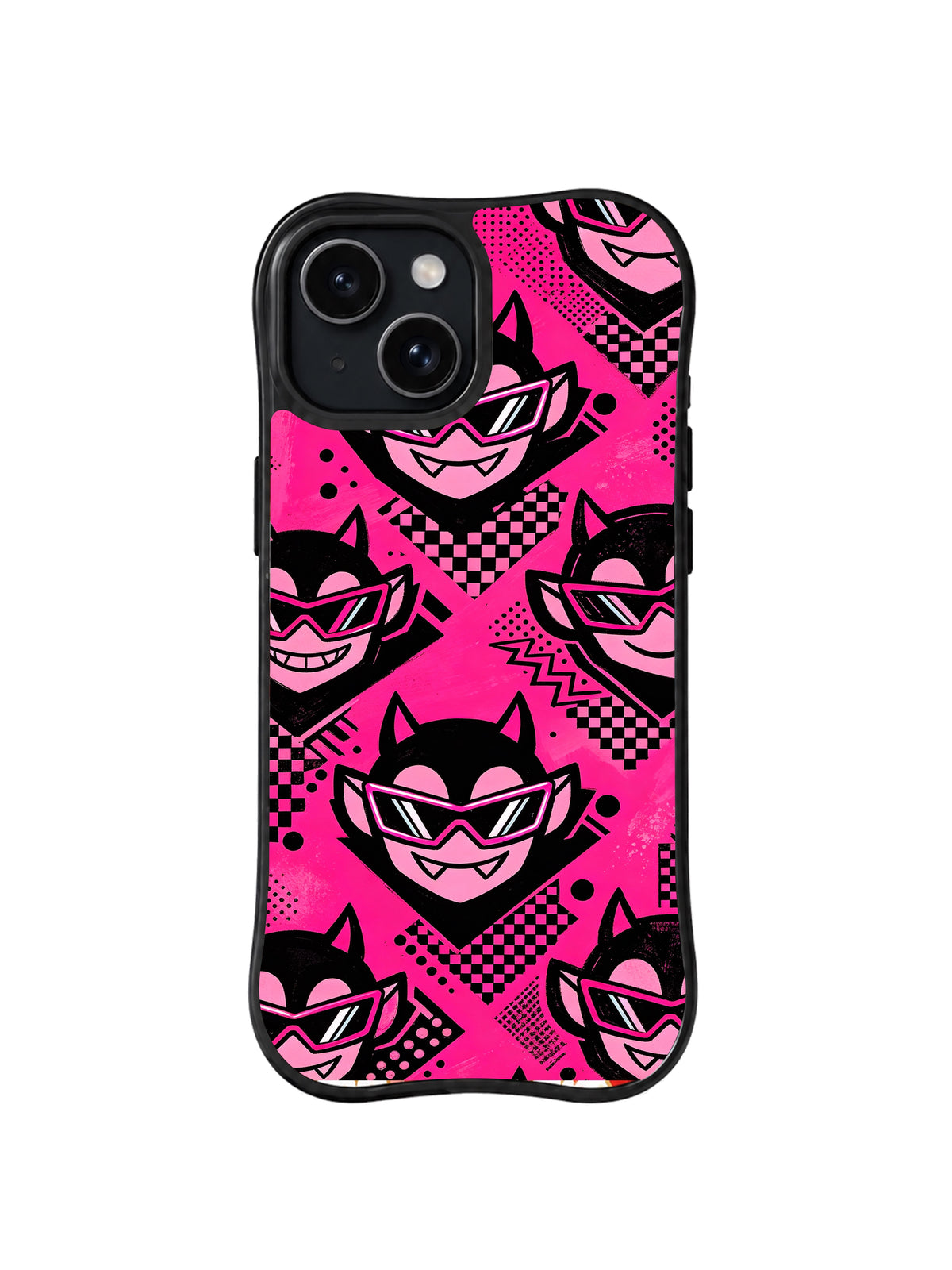 Hot Pink Diamond Grins: Large hot-pink grinning sunglass faces repeat between black diamond and check patterns.