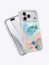 Pink Reef Morning iPhone case angled front and back view
