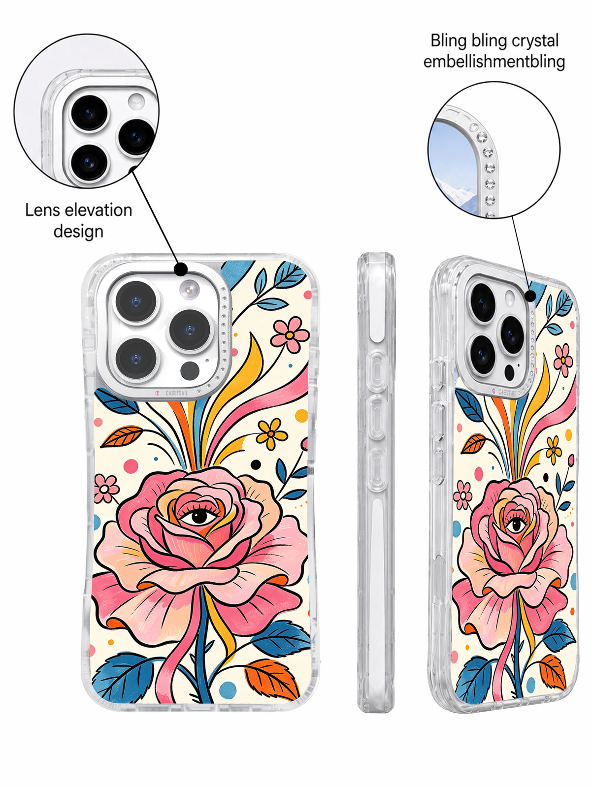 Crystal camera frame detail on pink rose art phone case