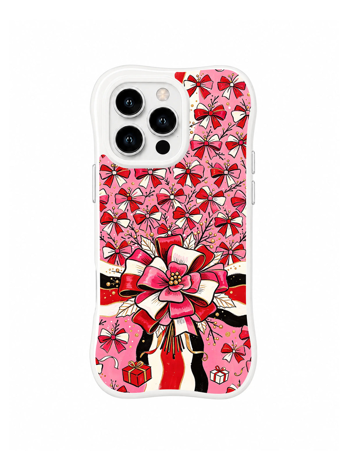 Pink Ribbon Flower Field pattern on a white iPhone 14 Pro case with many small pink bow blossoms, a large ribbon flower, red gifts and black ink accents