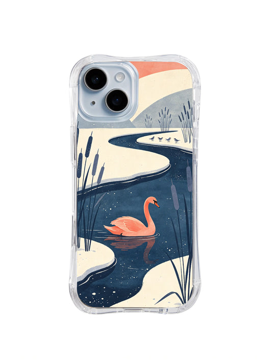 Coral-pink swan on a navy winter channel with tall reeds on an iPhone 13 case