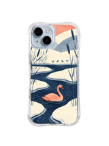Pink swan floating among tall navy reeds and blue-gray hills on an iPhone 13 case