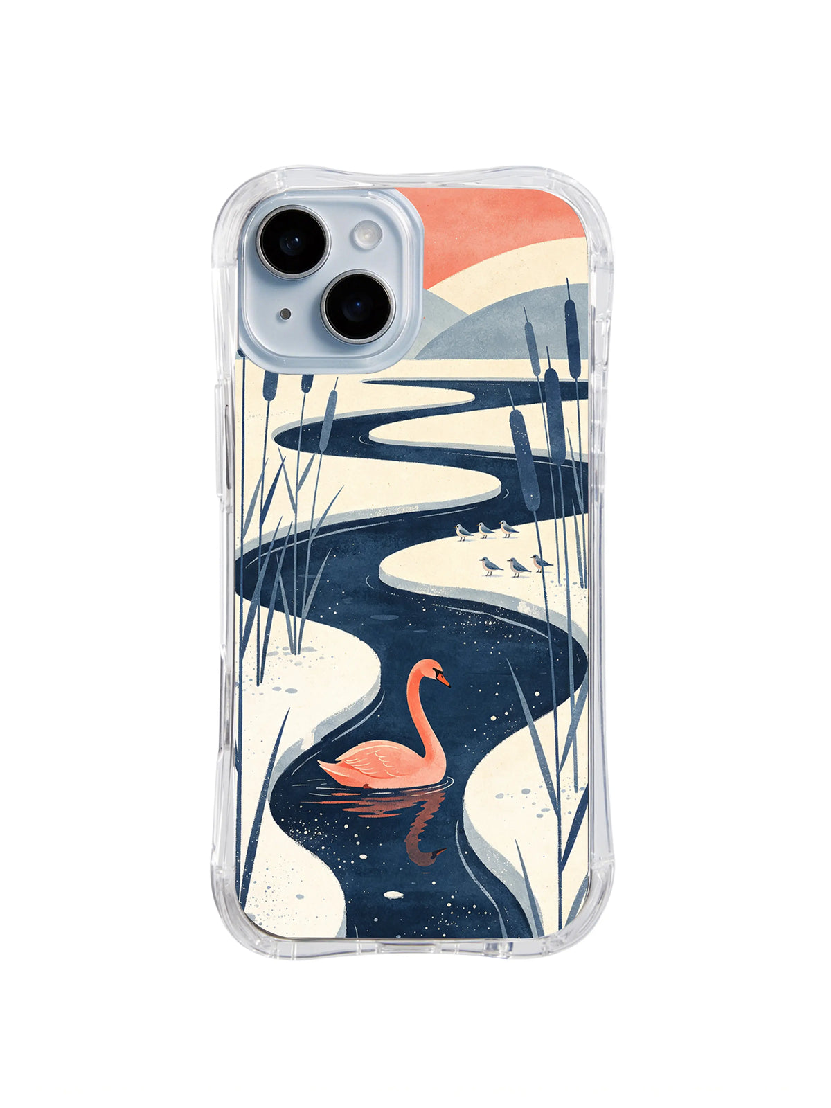 Coral-pink swan at a curved navy waterway with tiny shore birds on an iPhone 13 case
