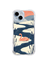 Pink swan beside ivory snowbanks and a coral winter sunrise on an iPhone 13 case
