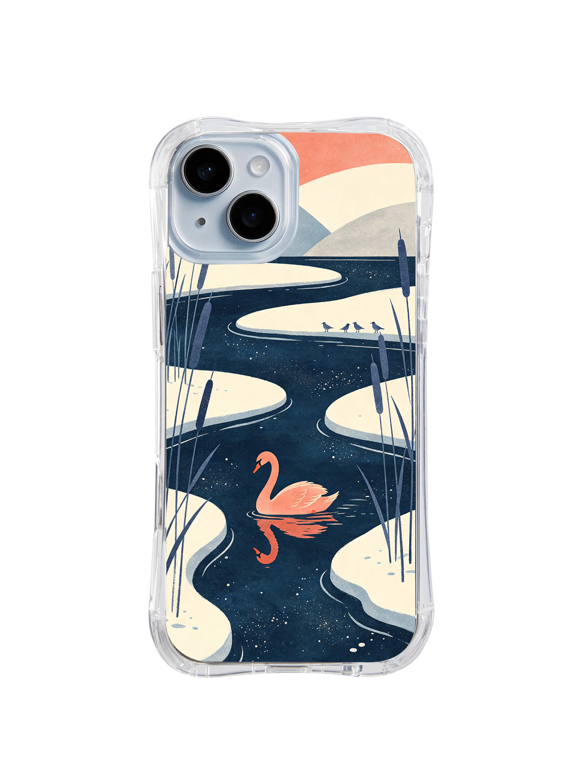 Coral swan reflected in a winding navy lake among cream snowbanks on an iPhone 13 case