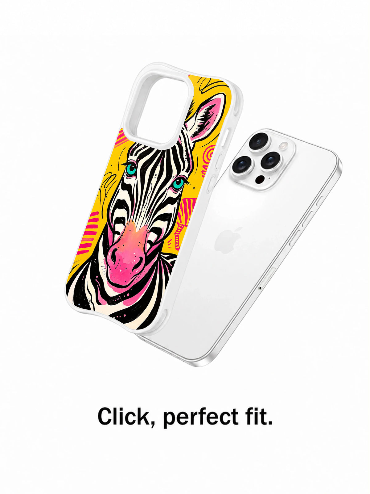 Pink muzzle zebra case beside an iPhone 13 Pro Max showing the white case outline
